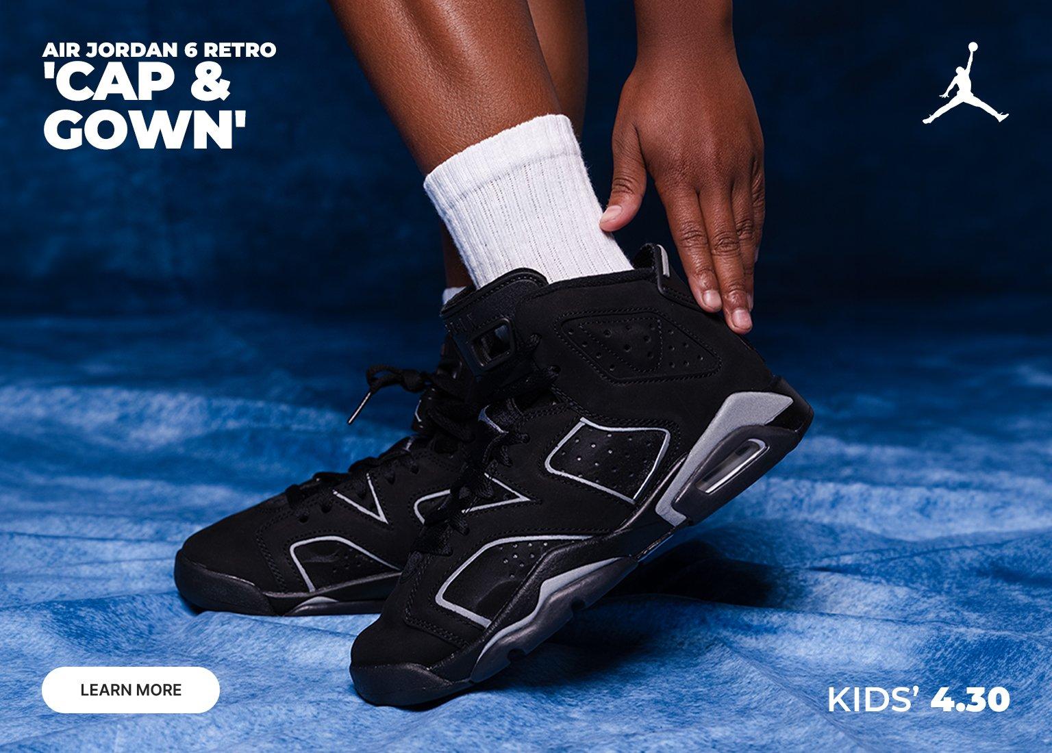 A collage features a young boy in a graduation cap and matching patterned set posing against a blue backdrop. The imagery highlights the black and grey Air Jordan 6 Retro 'Cap and Gown' sneakers in kids' sizes, alongside a Jordan-branded basketball. Text indicates a 4.30 release date.
