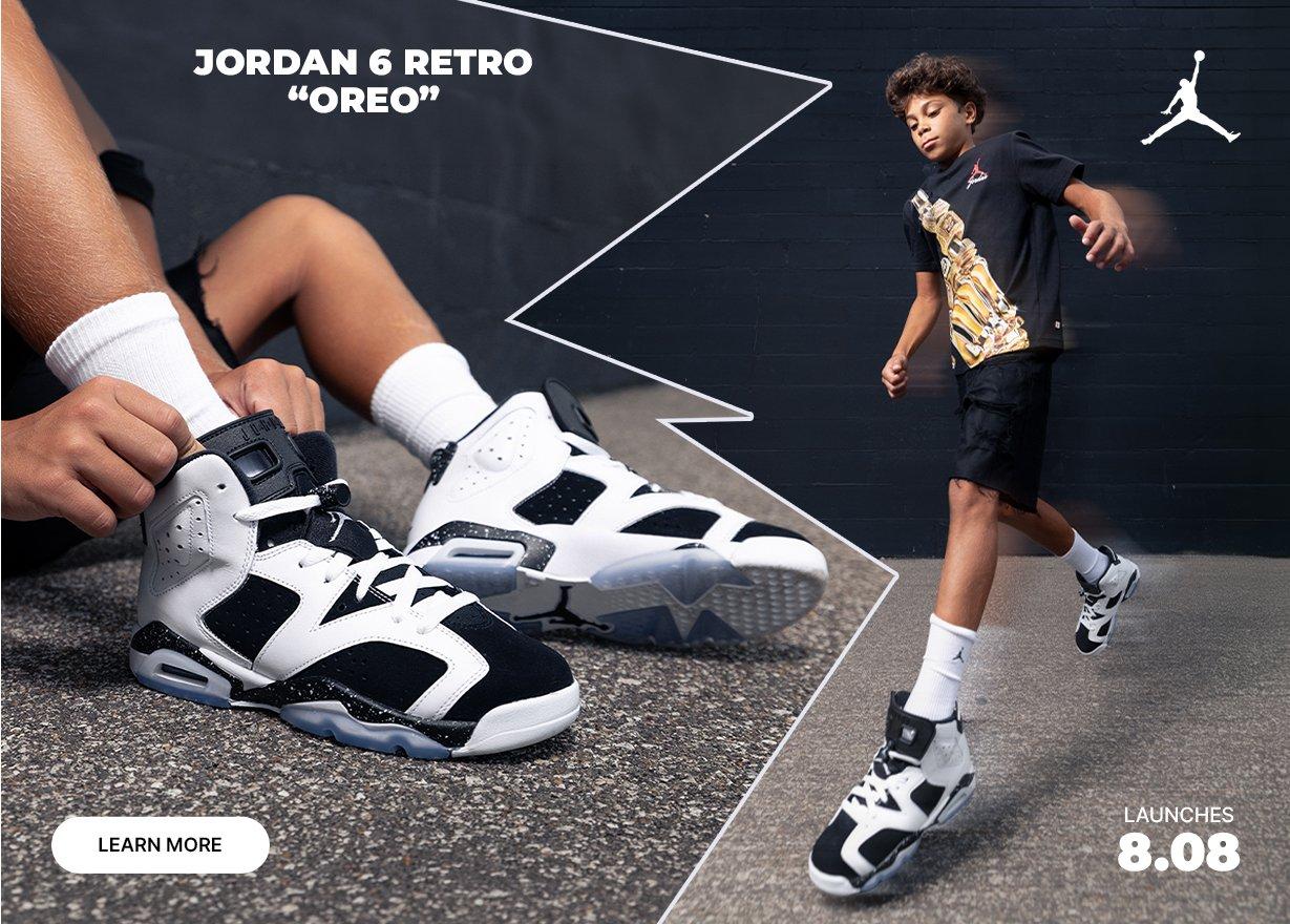 Jordan 6 Retro "Oreo" sneakers in black and white with lifestyle apparel, launching August 8.