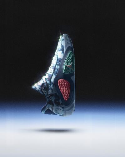 Basketball shoe floating against a dark background, featuring a denim-textured upper with red and green stitched accents and a white sole.
