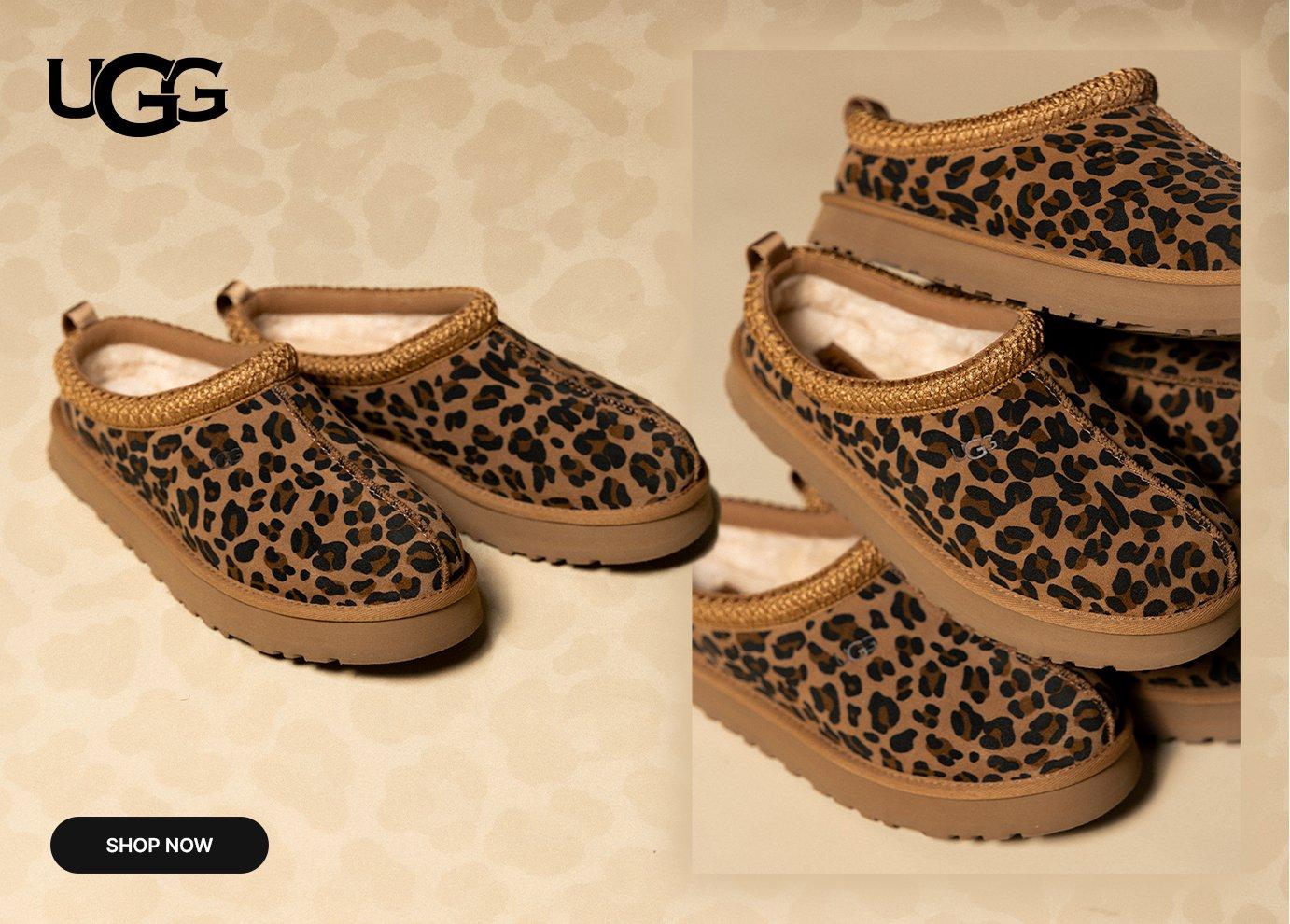 Leopard-print UGG Tasman slip-on slippers with plush lining and platform sole in a kids' style.