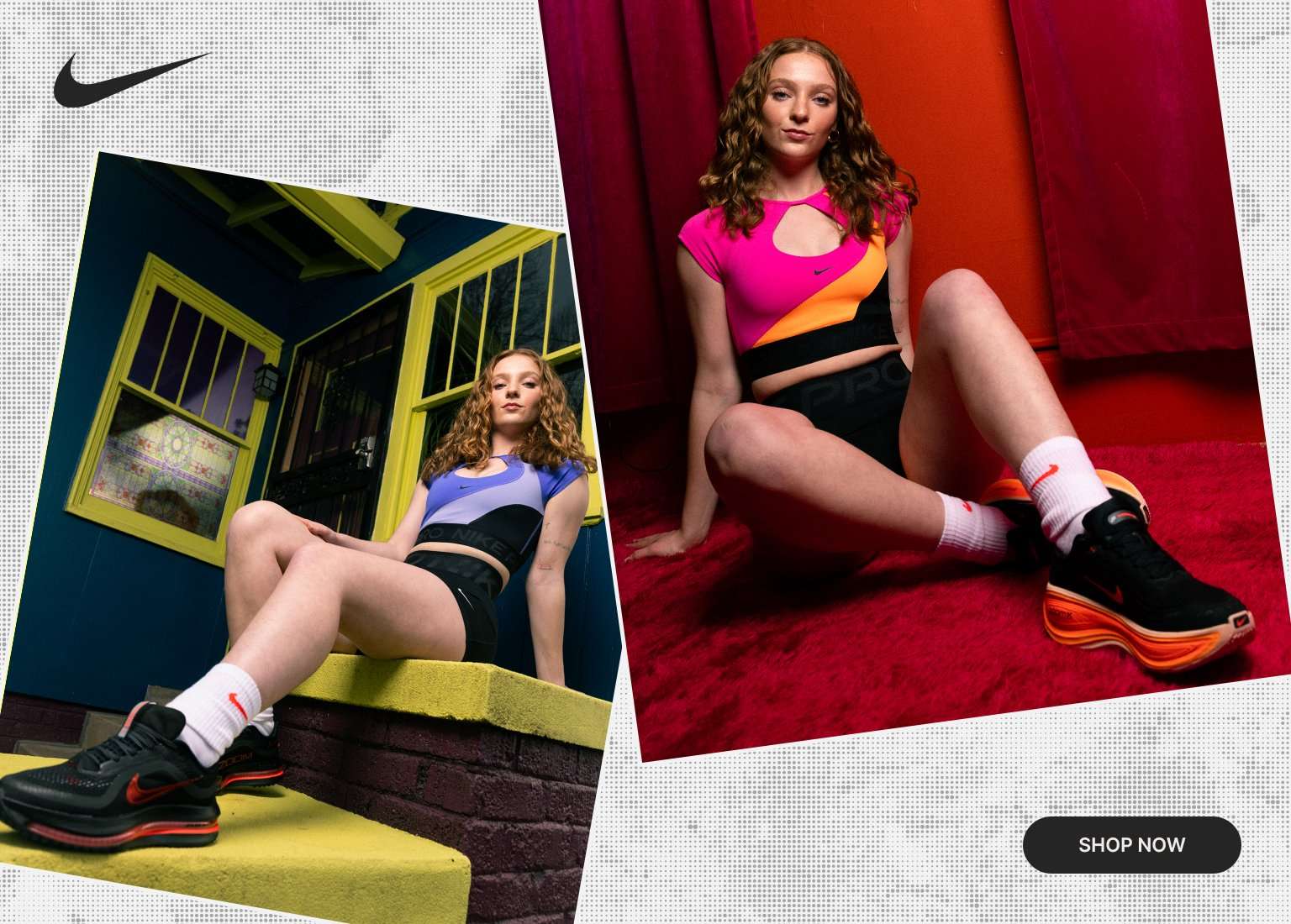 A wide web banner featuring a collage of four photos of a woman with curly hair. She is modeling various Nike athletic wear, including a purple and black crop top, a pink and orange crop top, and black Nike Pro shorts with orange-soled sneakers. The background transitions between a red room and a blue house exterior with yellow trim. A 