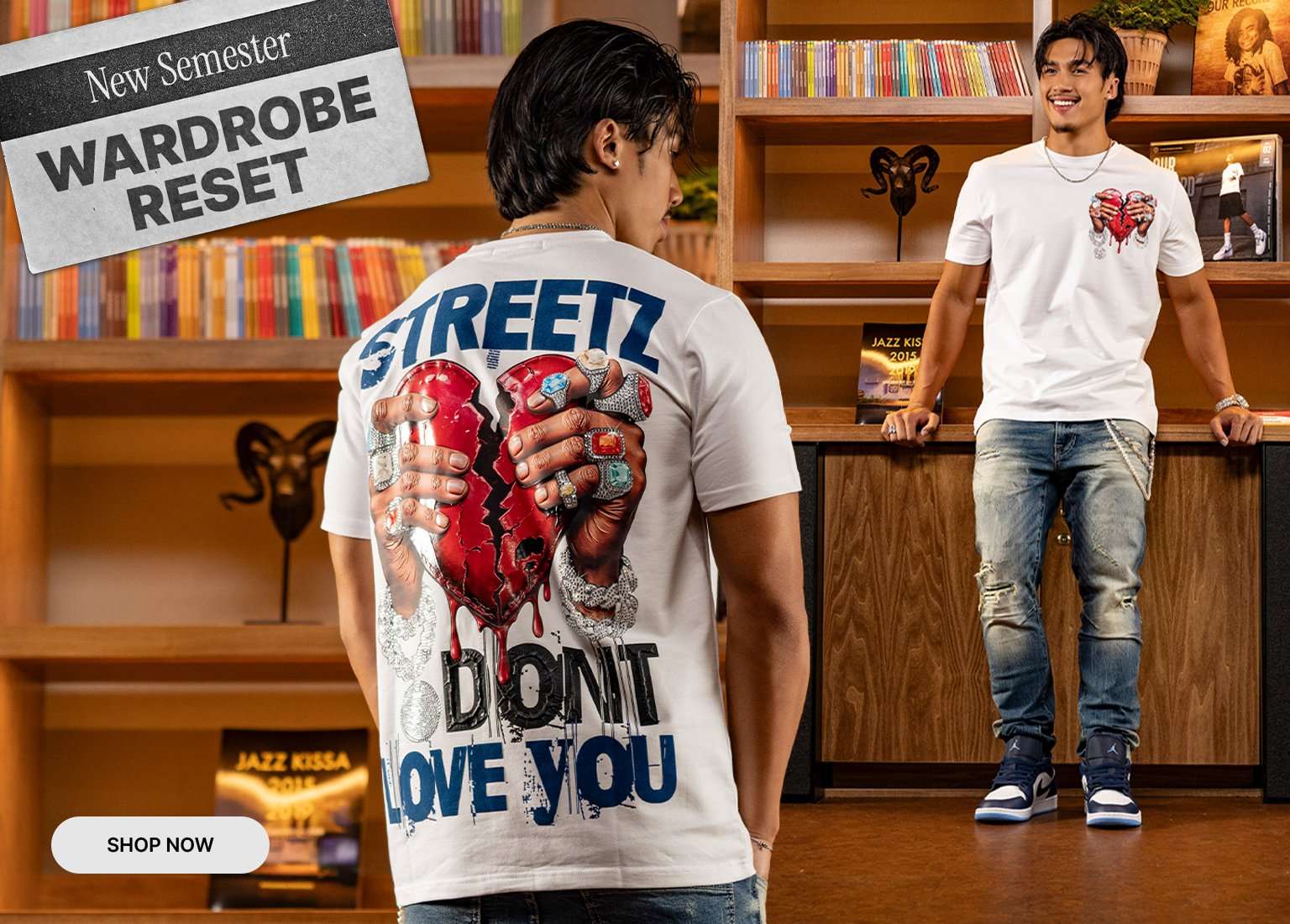 Lifestyle banner featuring a person wearing a white graphic T-shirt, light-wash jeans and blue sneakers in a music-inspired room, with the message New Semester Wardrobe Reset and a Shop Now button.