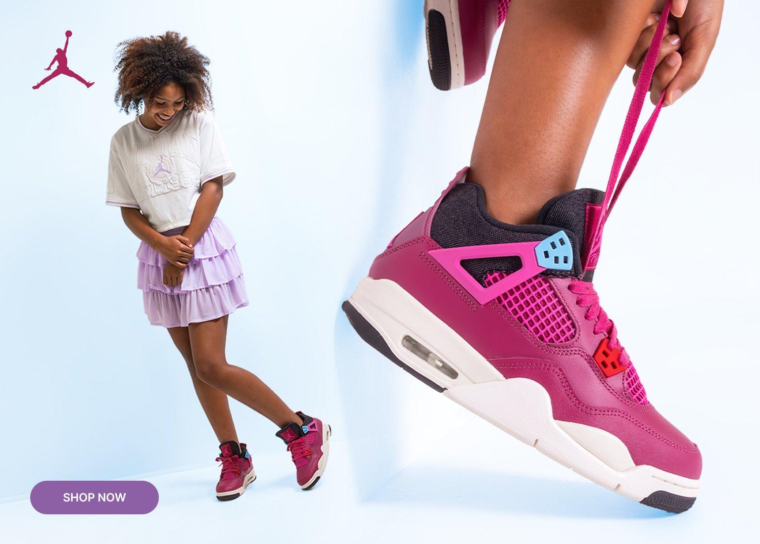 Lifestyle image featuring a youth model wearing a white Jordan graphic tee, lavender ruffle skirt, and pink Air Jordan sneakers. The collage-style graphic includes full-body and close-up product views, Jordan branding, and a Shop Now call-to-action.