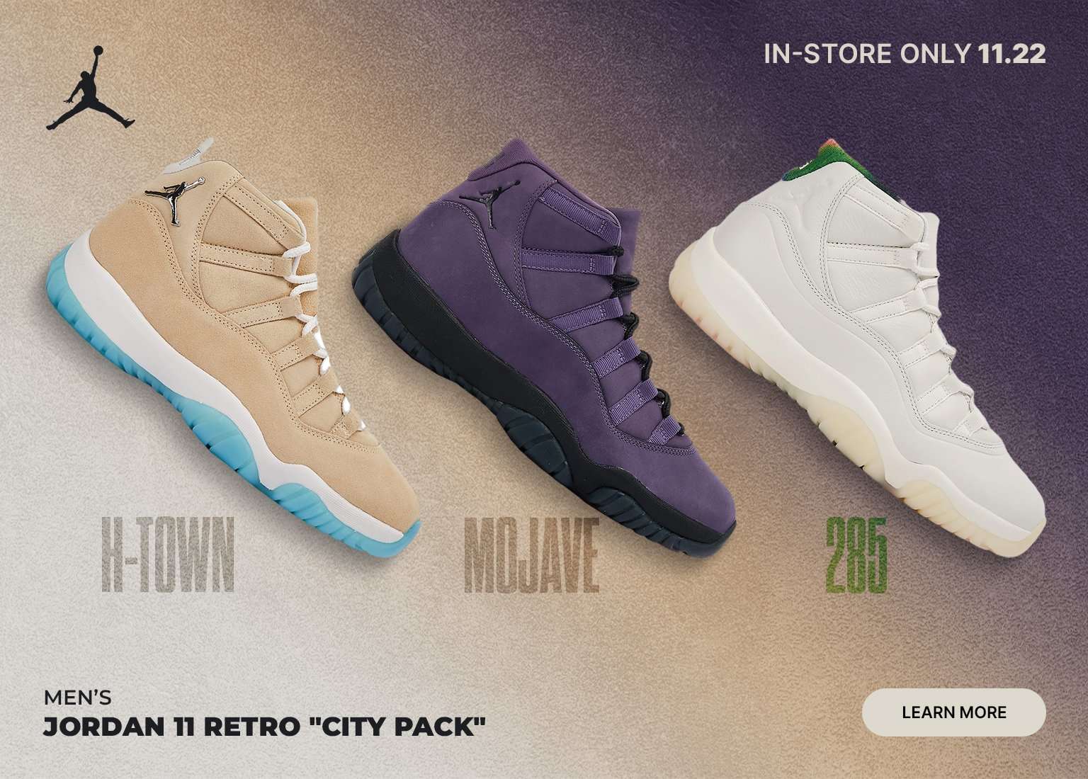 Air Jordan 11 Retro City Pack featuring H-Town, Mjoave, and 285 colorways. Styles launch in men's sizes on 11.22.25 in store only.