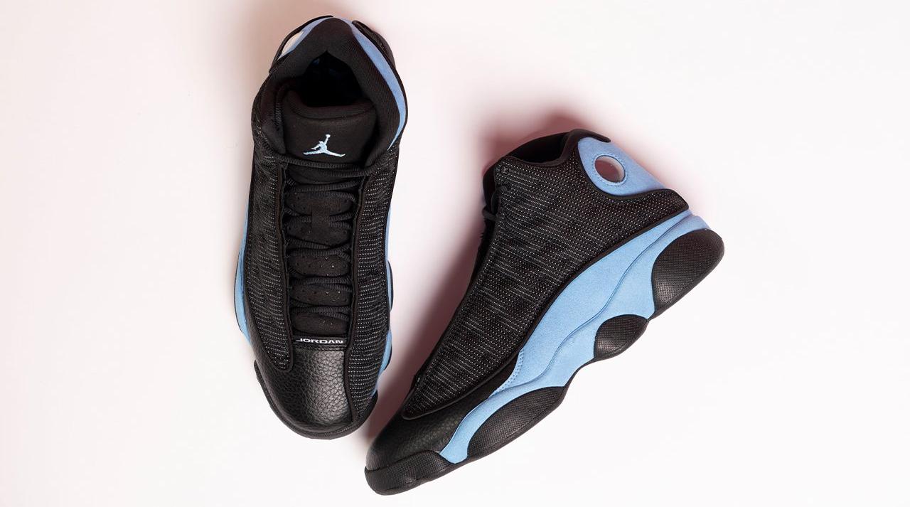 Jordan 13 Retro "Black/University Blue/White" Men's & Kids' Shoe Launching 12/23 top view angled