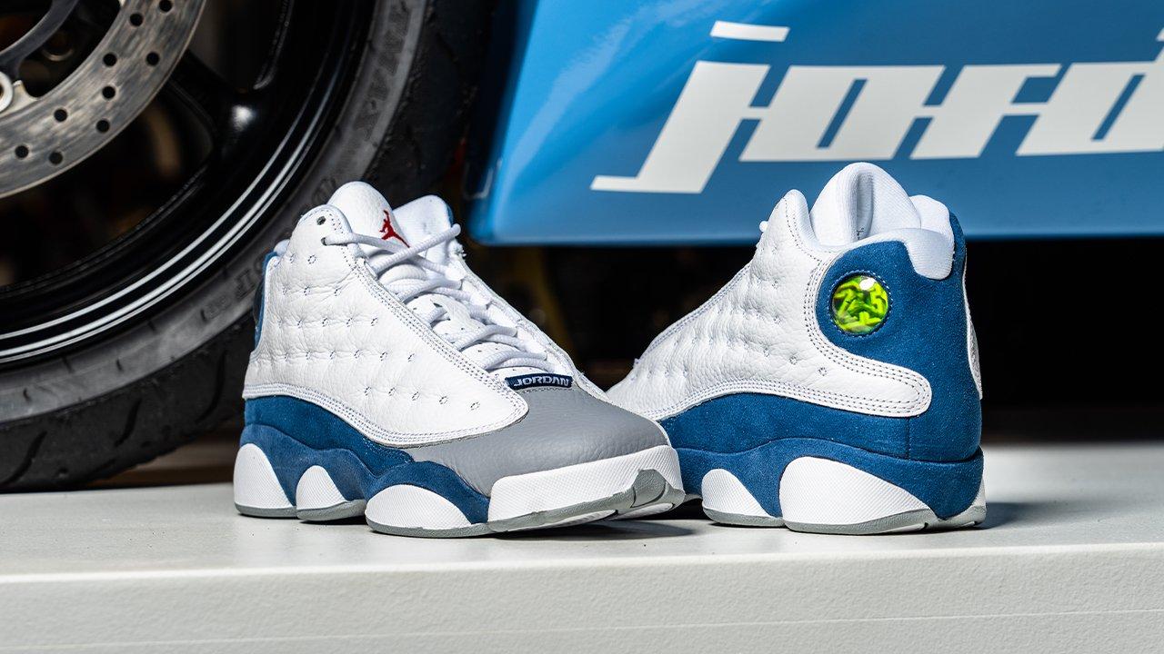 blue and white air jordan 13