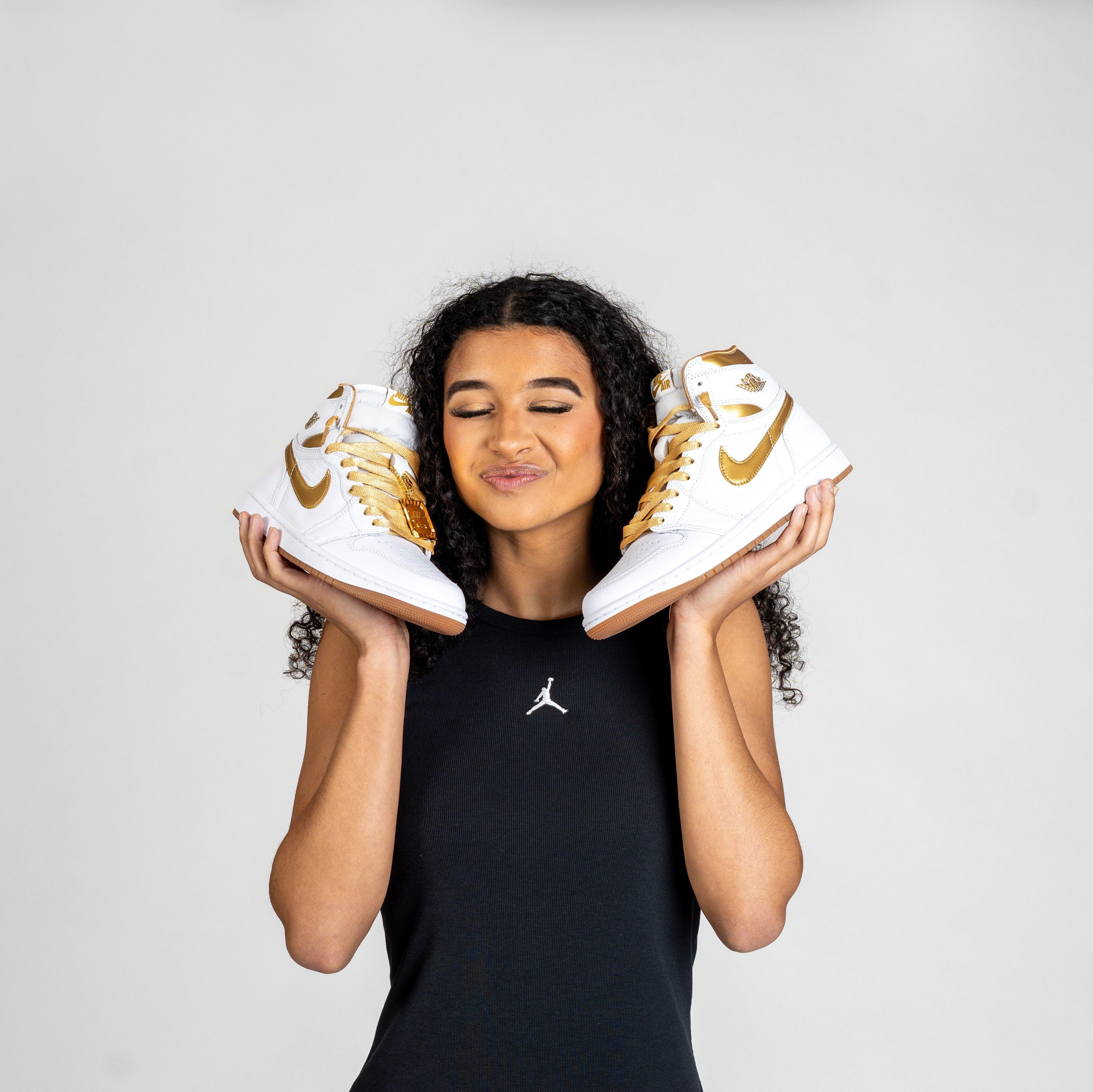 Air Jordan 1 Retro High OG White and Gold Women's Shoes.