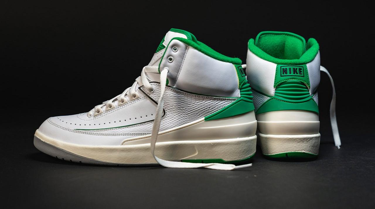 Jordan 2 Retro "White/Lucky Green/Sail/Lt Steel Grey" Men's & Kids' Shoe Launching 2/3 side and heel view