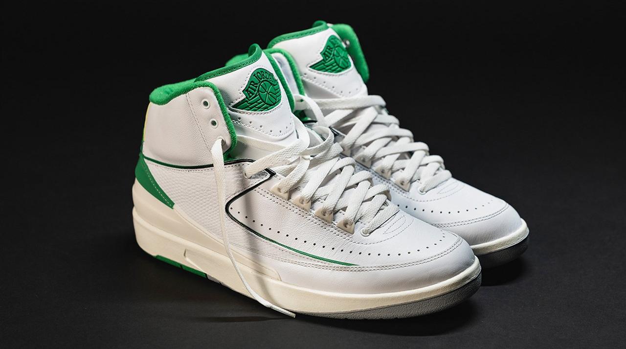 Jordan 2 Retro "White/Lucky Green/Sail/Lt Steel Grey" Men's & Kids' Shoe Launching 2/3 left side by side