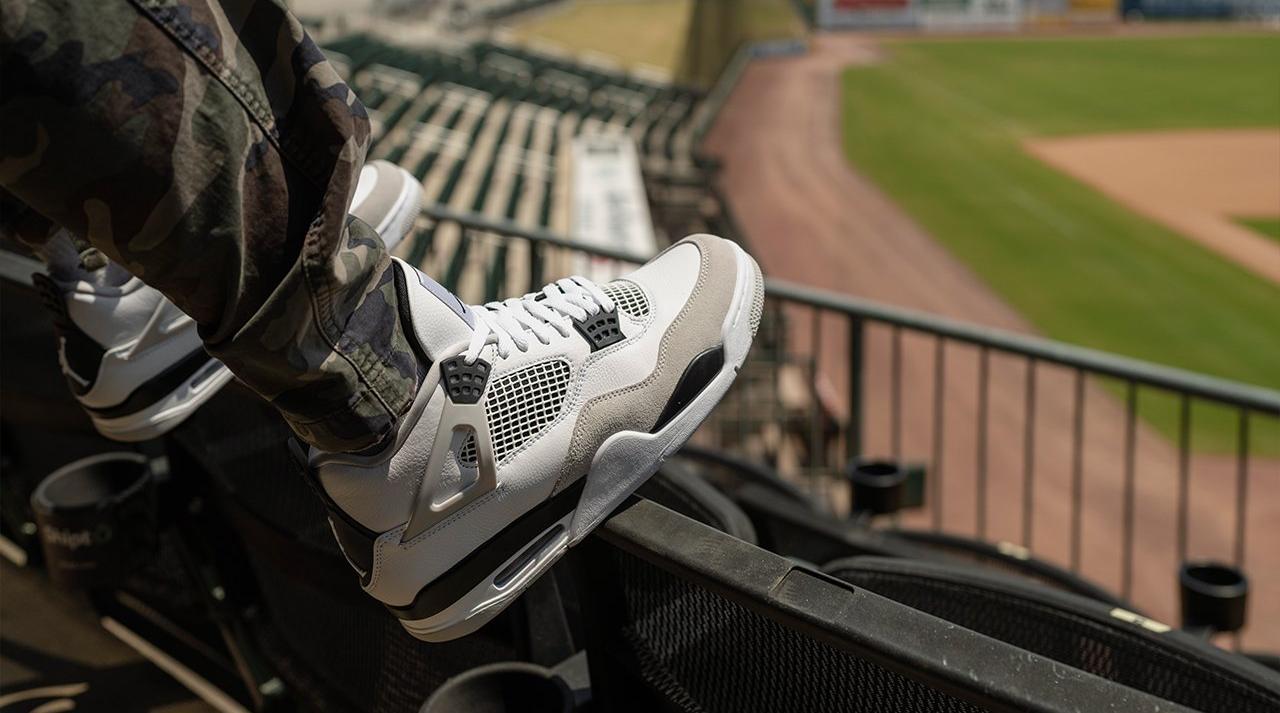 Right side, profile shot of Men's Air Jordan 4 Retro "Military" colorway, which drops on May 21.