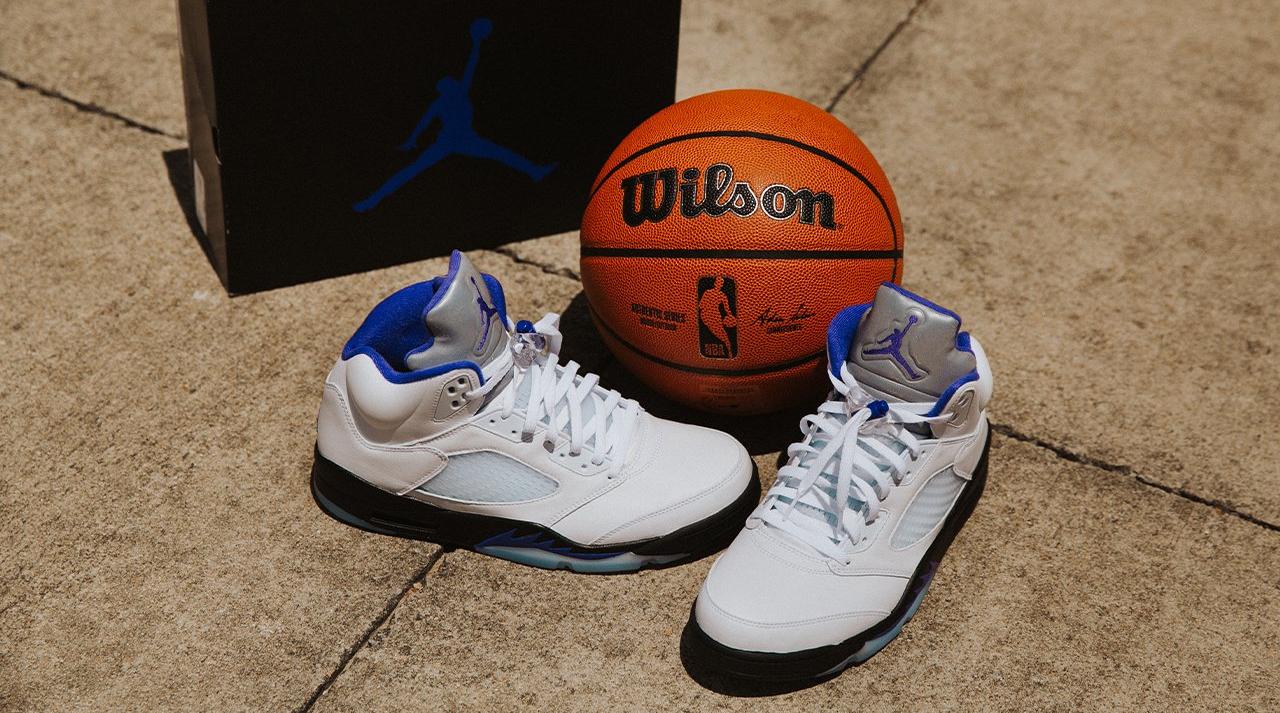 Jordan 5 Retro "White/Dark Concord/Black" Men's & Kids' Shoe basketball and box