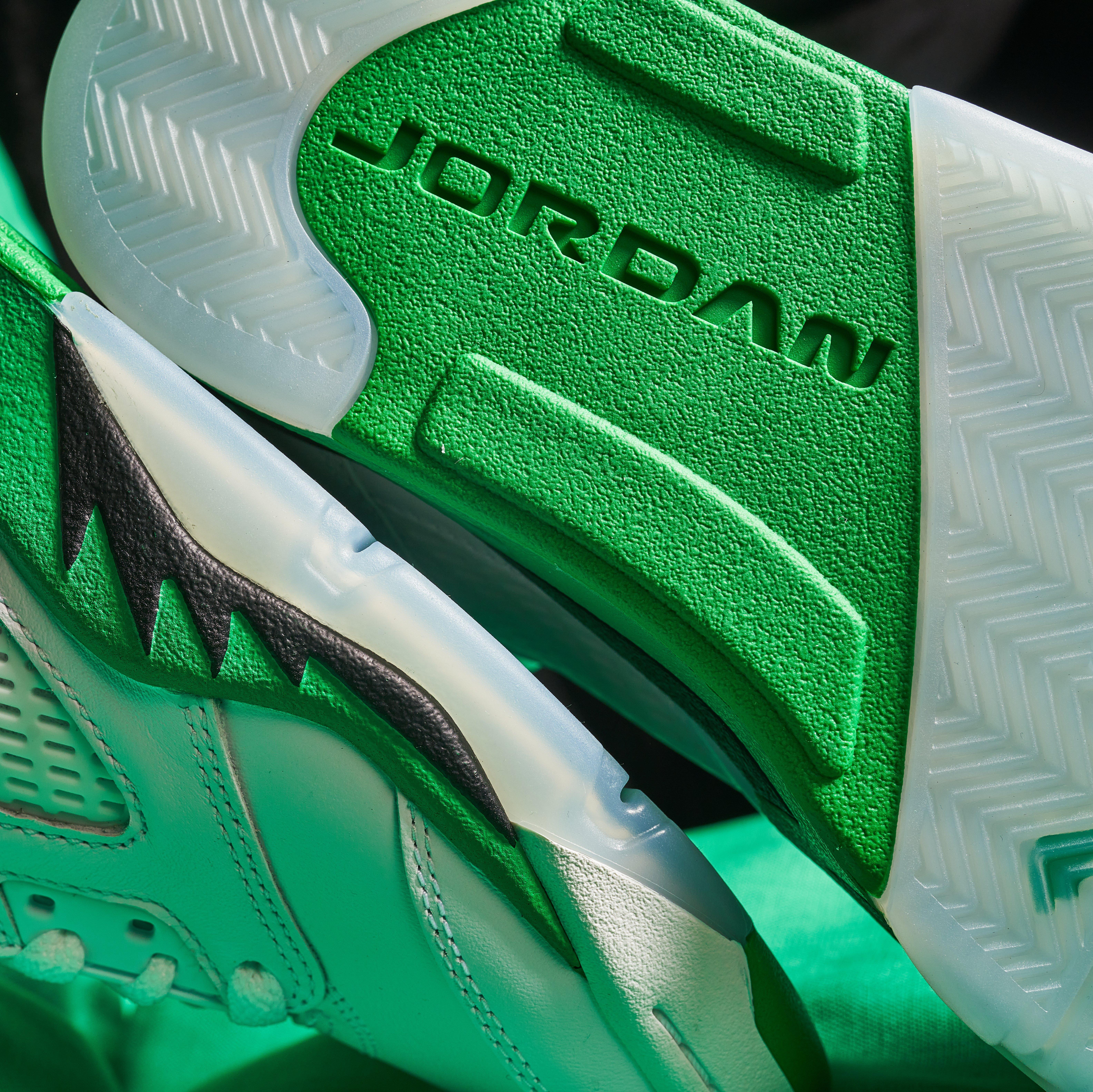Women's Air Jordan 5 Retro “Lucky Green” Outsole Details and Side of Toe Box Details
