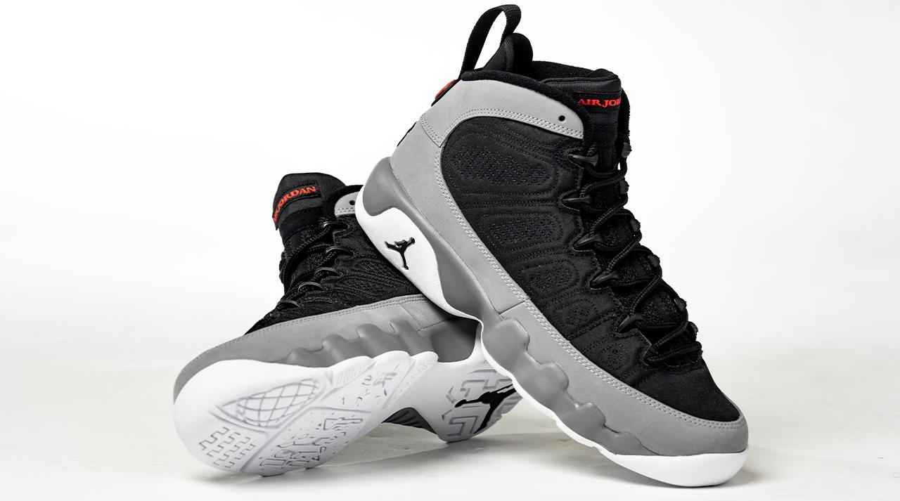 Jordan 9 black grey on sale red