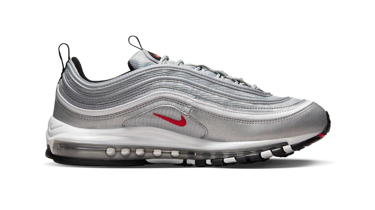 Nike air max 97 silver hot sale and red