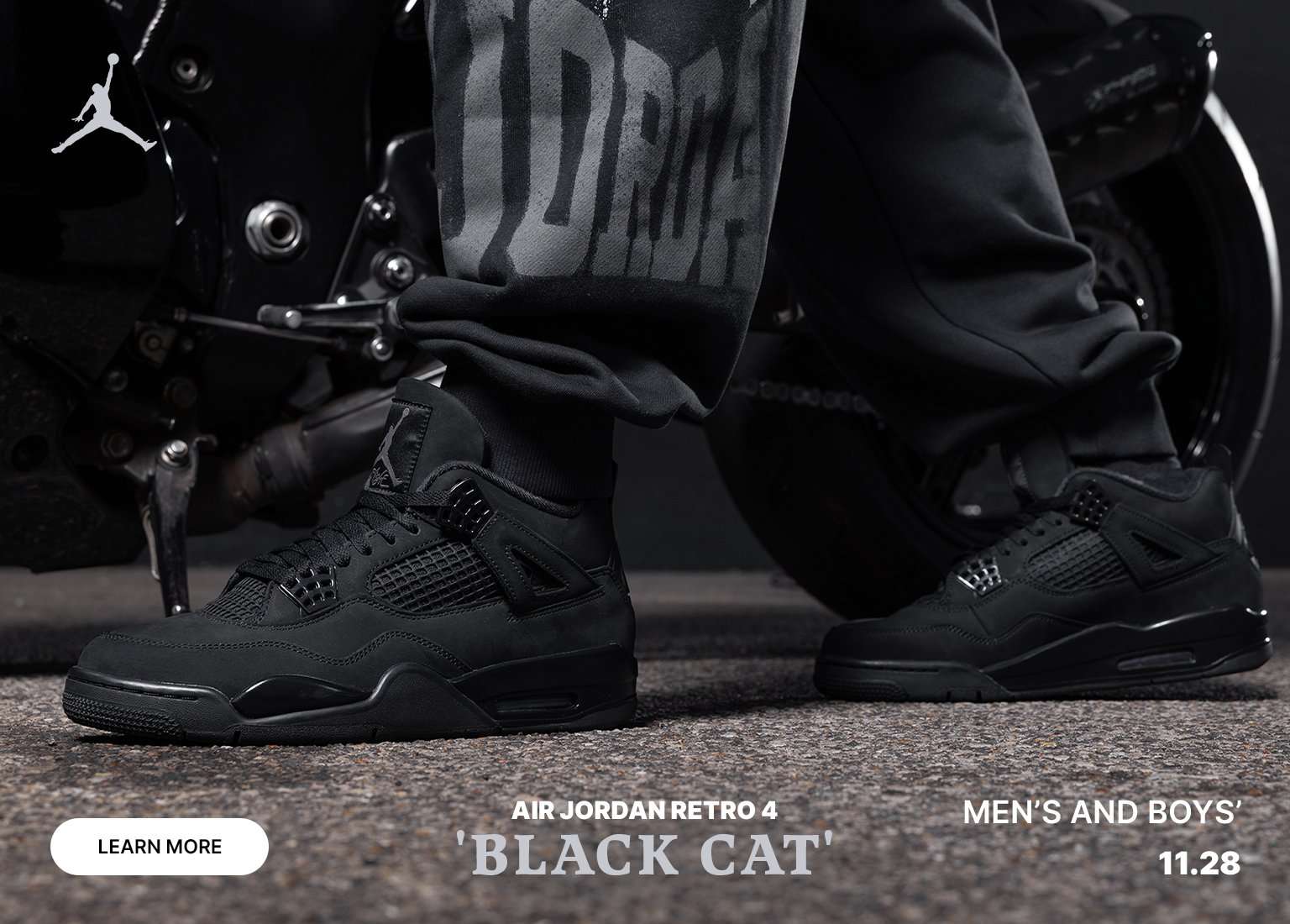 Men's and kids' Air Jordan 4 Retro 'Black Cat' Colorway, launching 11.28.25.