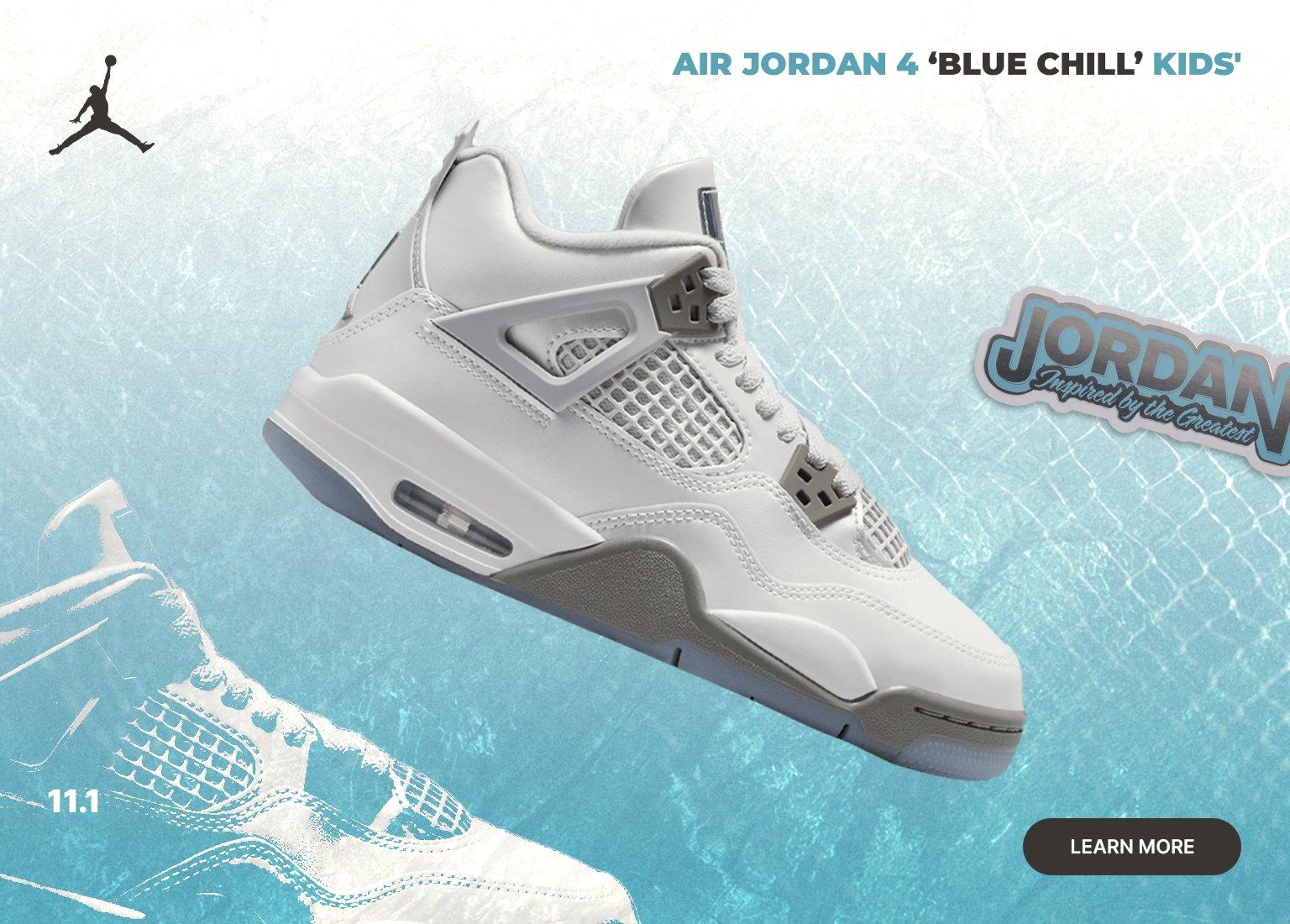 A close-up of a pair of Air Jordan 4 'Blue Chill' Kids sneakers, predominantly white with light blue and grey accents, set against a blue and white background.