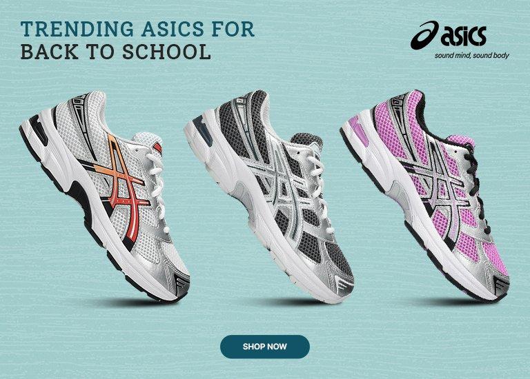 Promotional ASICS banner featuring four athletic sneakers displayed on a light blue background. The graphic includes the headline “Trending ASICS for Back to School” and showcases white with orange accents, black, silver and white, and pink and silver shoe colorways, along with a shop now call-to-action.