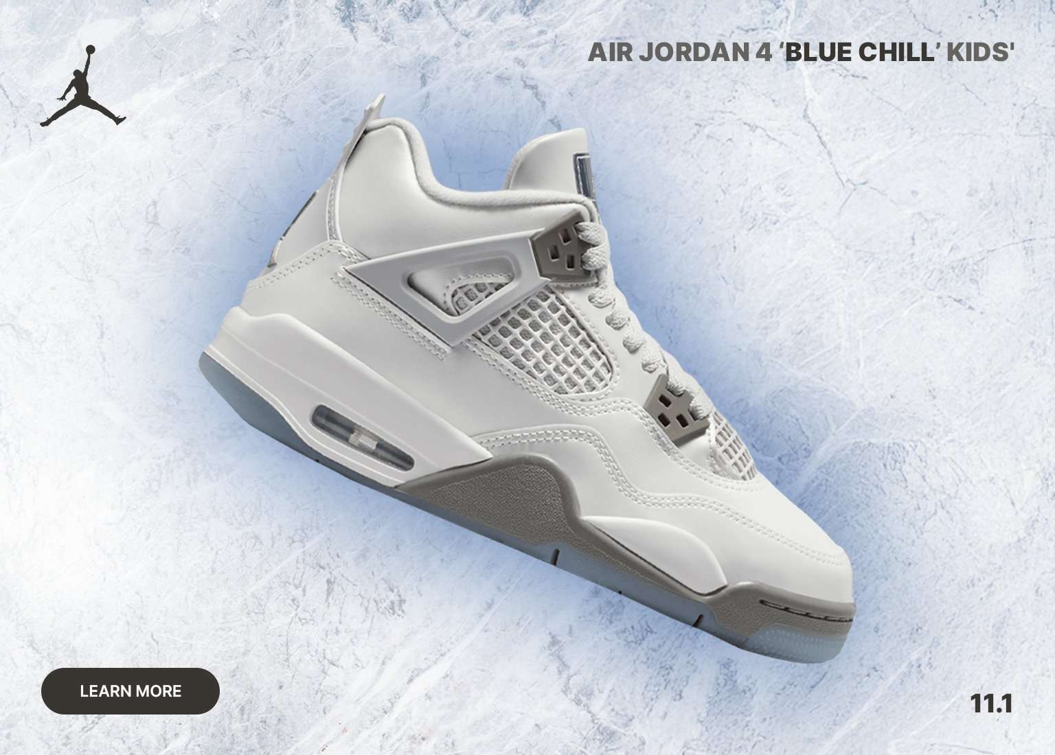 An advertisement for the Air Jordan 4 'Blue Chill' Kids sneaker. The left side features a full side-view of the white and grey shoe, and the right side shows two detailed close-up insets of the laces/tongue and the heel.