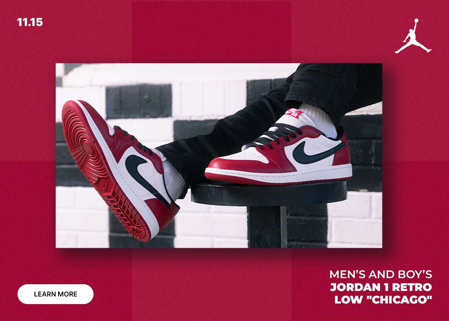 Men's and Boy's Jordan 1 Retro Low Chicago sneakers, featuring red, white, and black colors. Launch 11.15. Learn More.