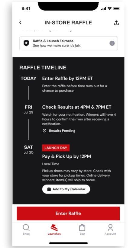 Screenshot of mobile app raffle timeline