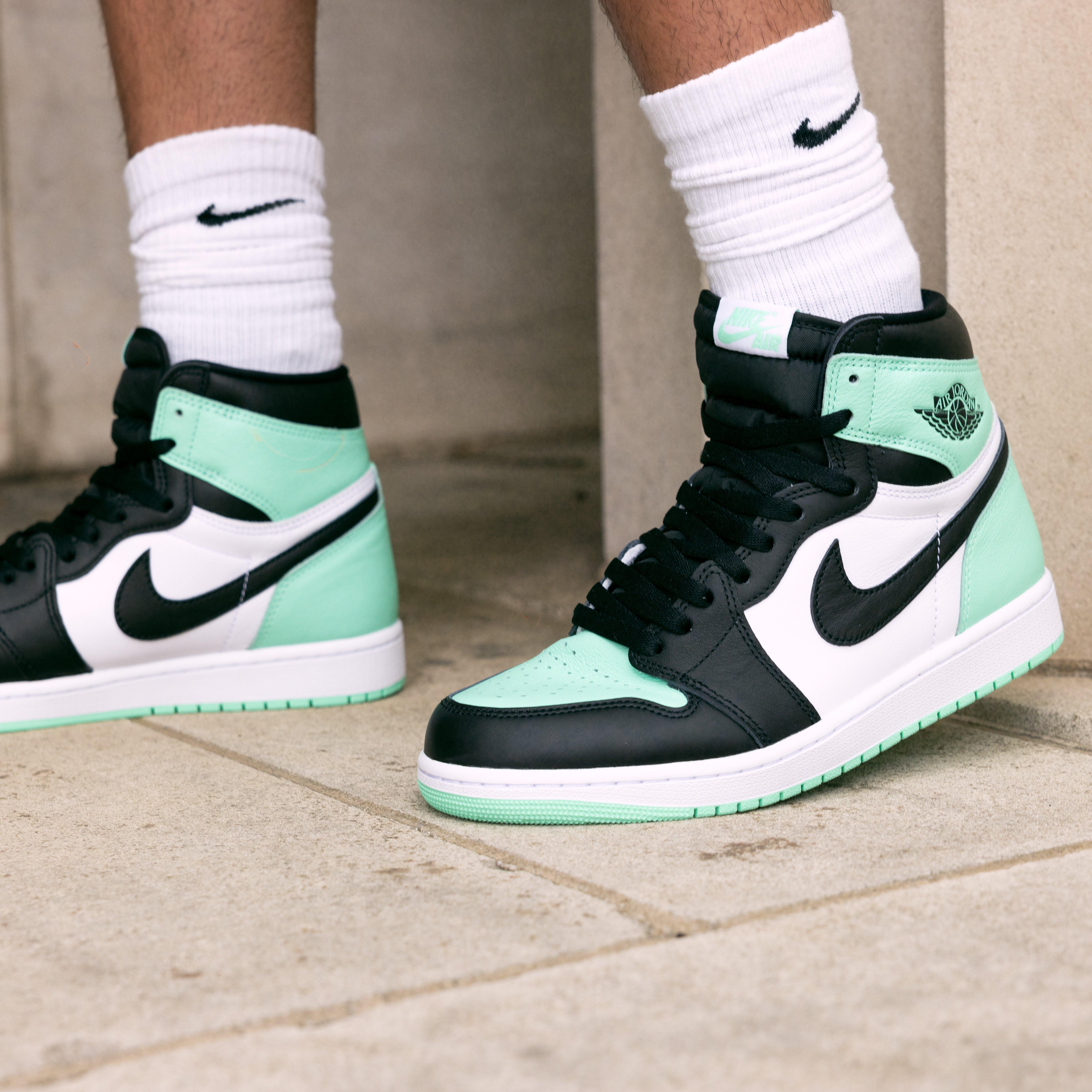 Air Jordan 1 Retro High OG "Green Glow" Laces Tongue and Upper and Left Shoe Inner Side
