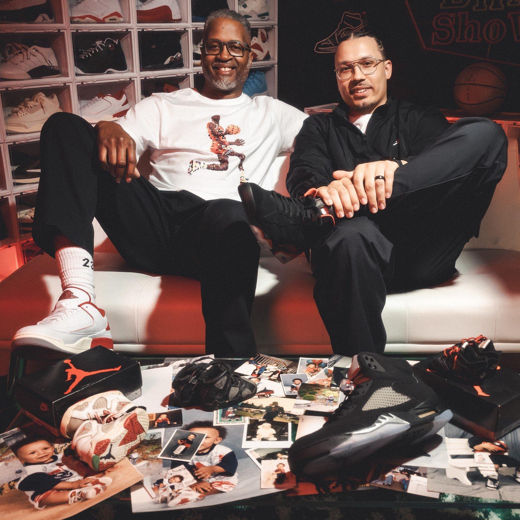 dj-sneakerhead-and-dad-sitting-with-collection-of-baby-pictures-and-sneakers