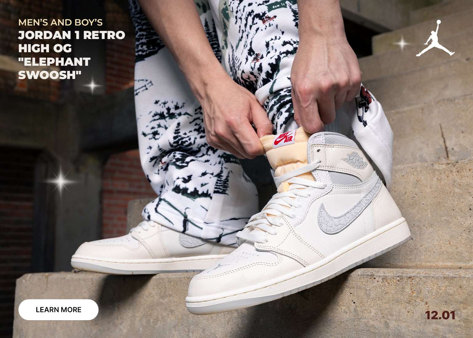 Three views of a young man wearing Jordan 1 Retro High OG Elephant Swoosh sneakers and white patterned pants, advertising the 12.01 release.