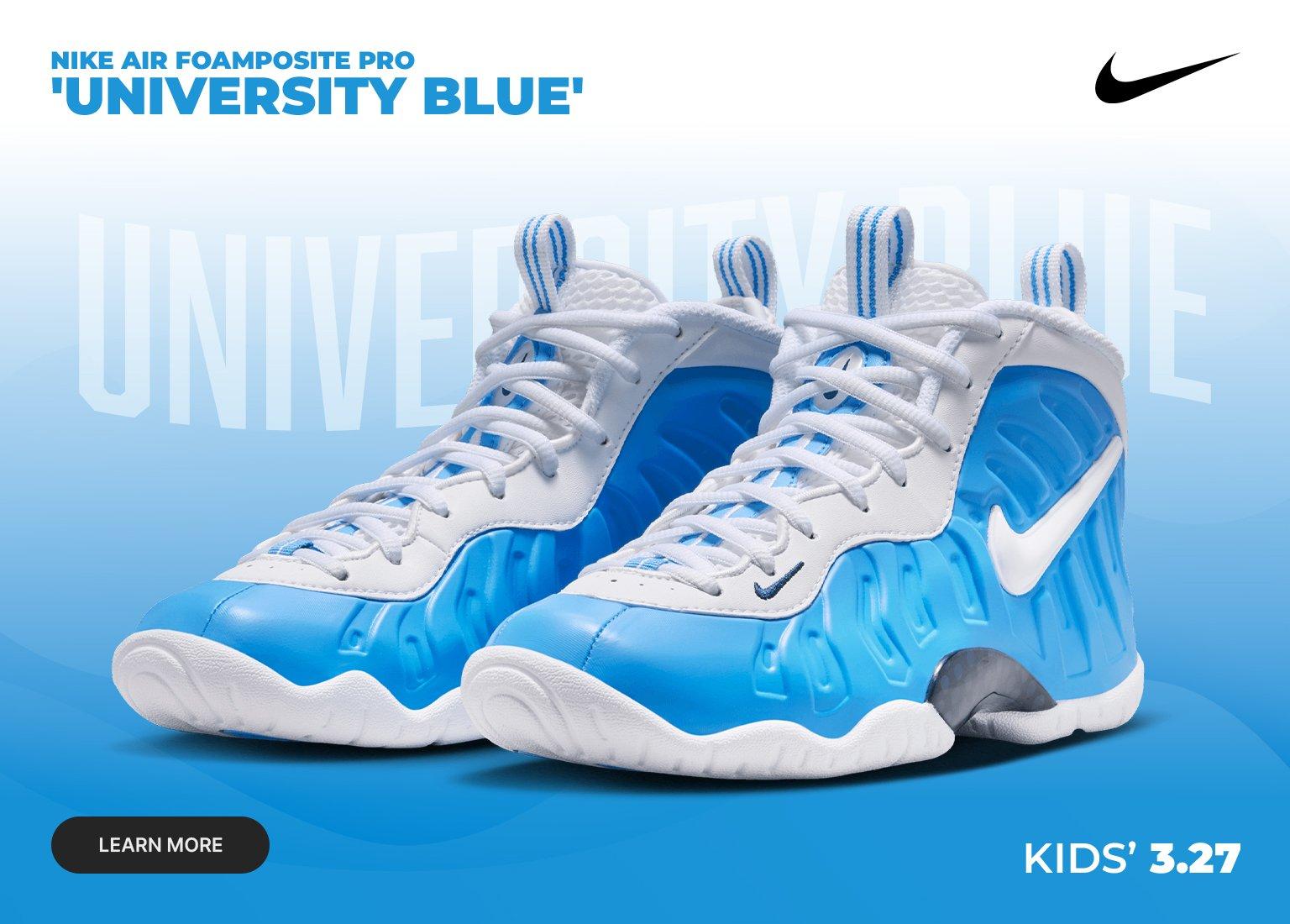 Nike Air Foamposite Pro "University Blue" kids' sneakers shown from lateral and medial sides on a blue gradient banner with 3.27 launch date and "Learn More" button.
