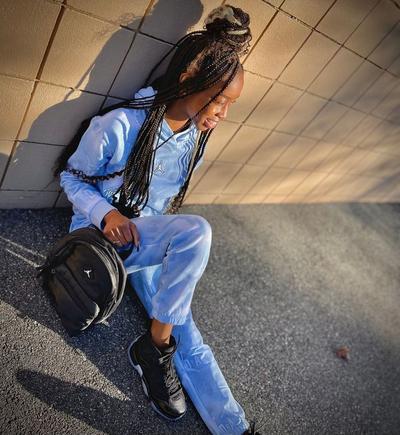 Girl's blue Jordan AOP pullover and matching joggers