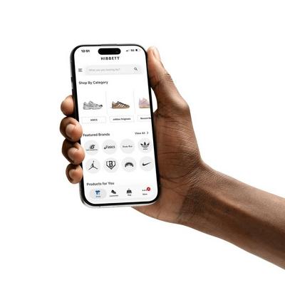 Hibbett mobile app interface showing customer shopping options and categories of product.