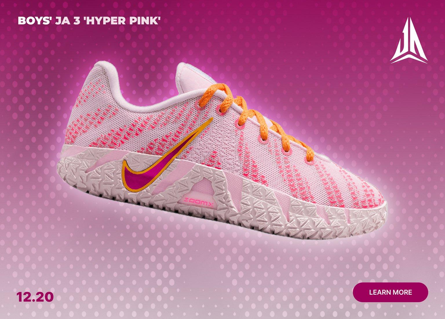 Boys’ Nike Ja 3 “Hyper Pink” basketball shoe in pink with orange laces, launching December 20.