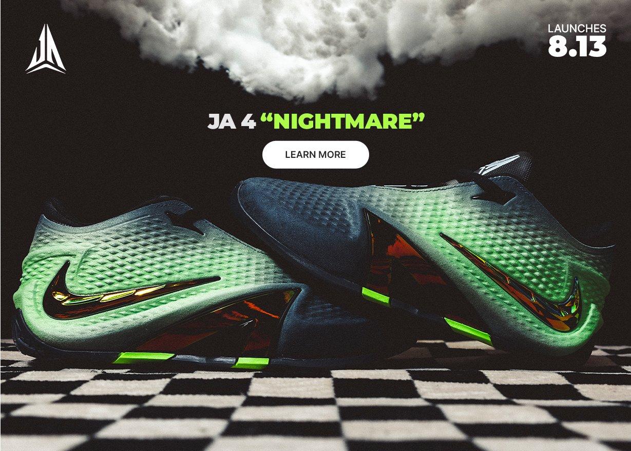 Nike Ja 4 Nightmare launch banner with green and black basketball shoes, neon accents, smoke effects and launch date 8.13.