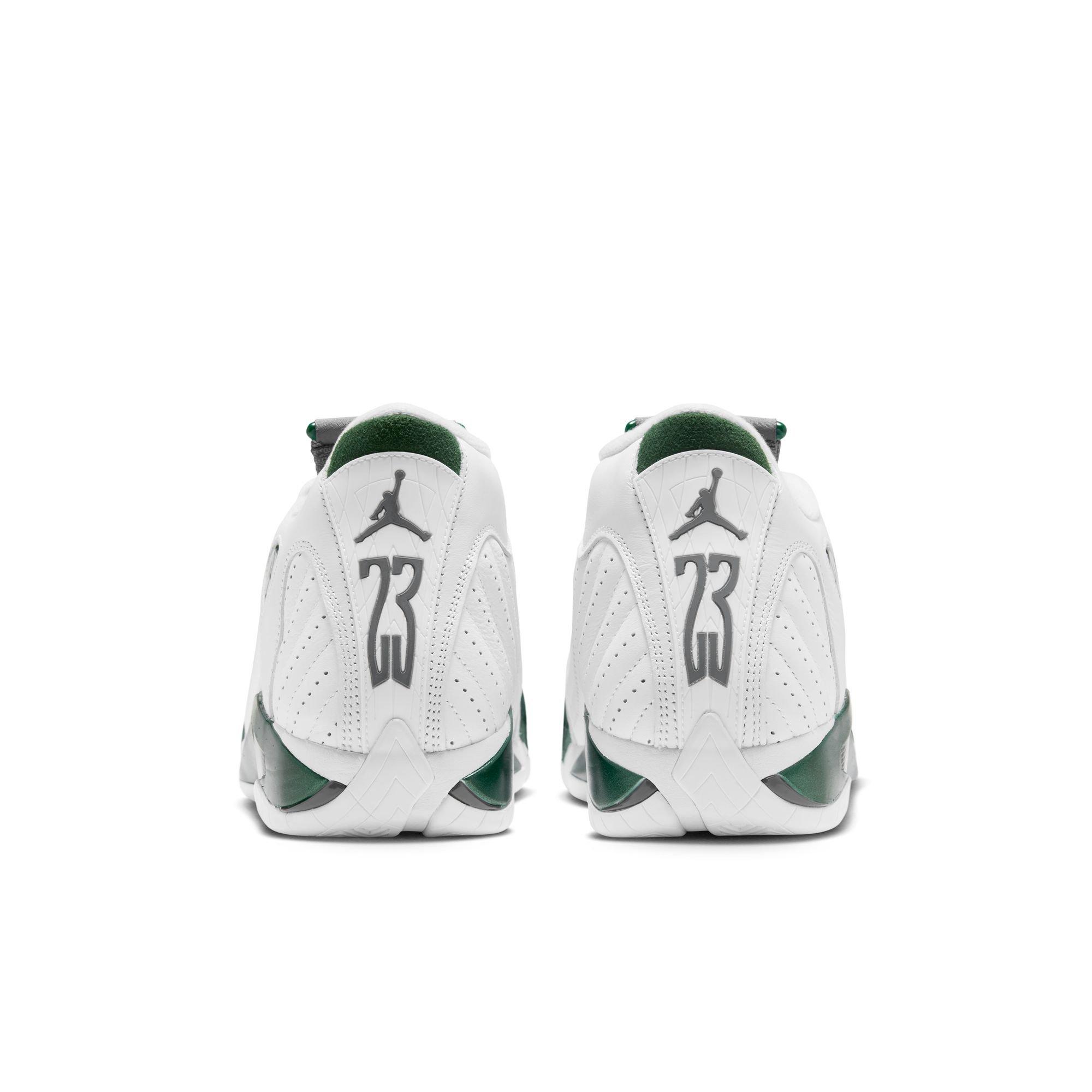 Rear view of Jordan 14 Retro Forest Green sneakers featuring white leather, green suede collars, gray Jumpman logos and 23 branding.