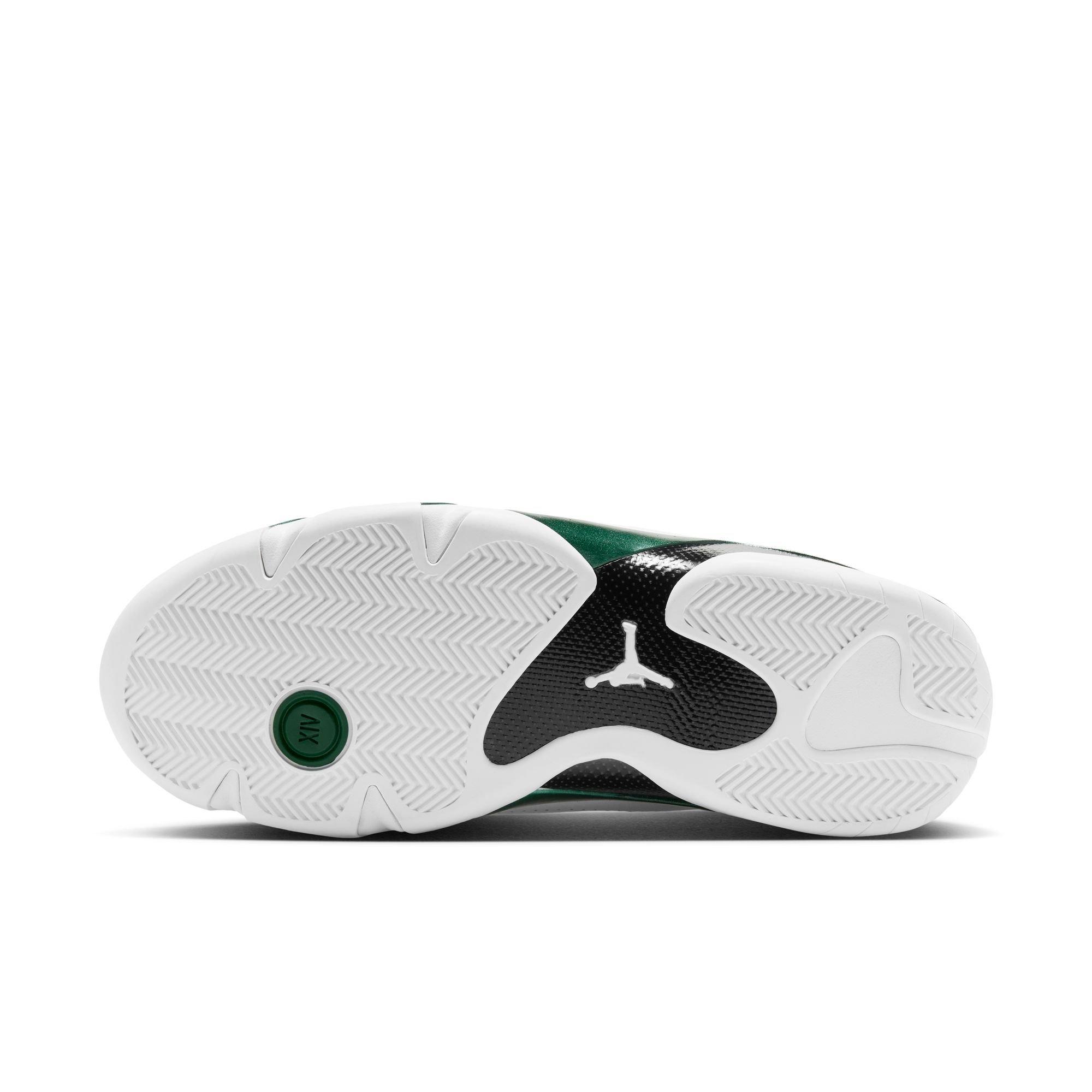 Bottom view of the Jordan 14 Retro Forest Green sneaker showing a white herringbone outsole, green accents, black carbon-fiber detailing and a white Jumpman logo.