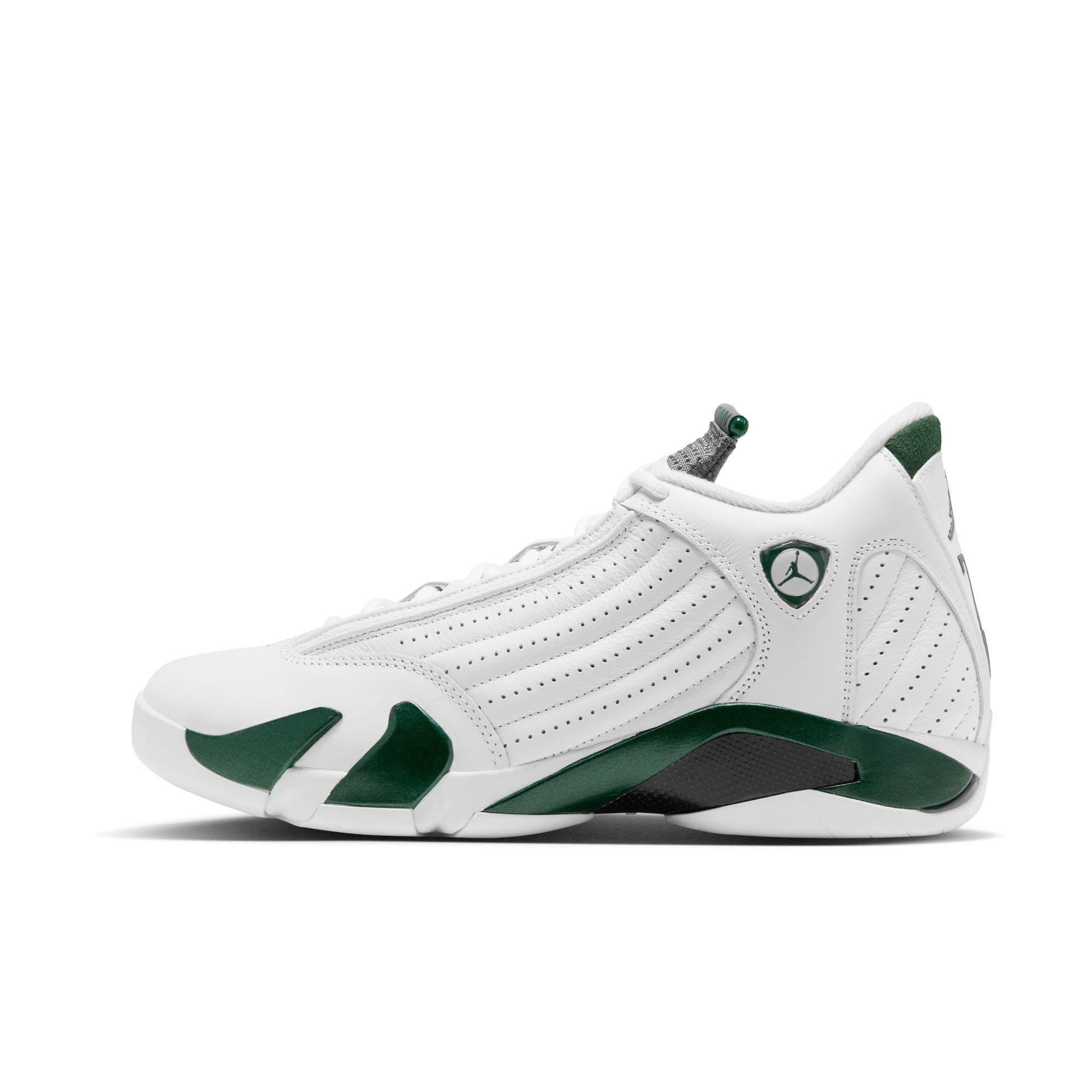 Side view of the Jordan 14 Retro Forest Green sneaker featuring a white perforated leather upper, metallic green accents and black carbon-fiber detailing.
