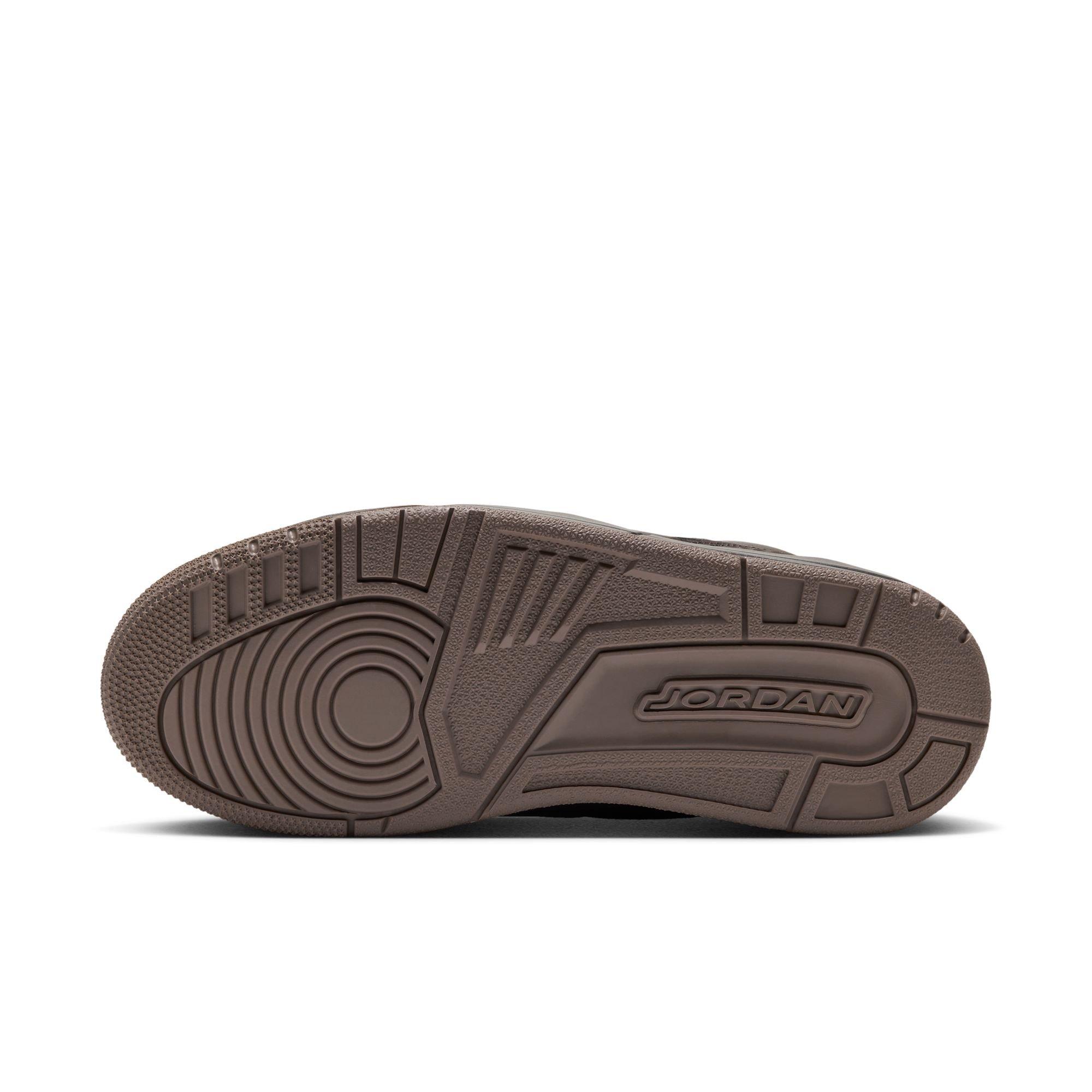 Bottom view of the Air Jordan 3 Retro Fireside sneaker showing a brown rubber outsole with circular traction patterns and Jordan branding