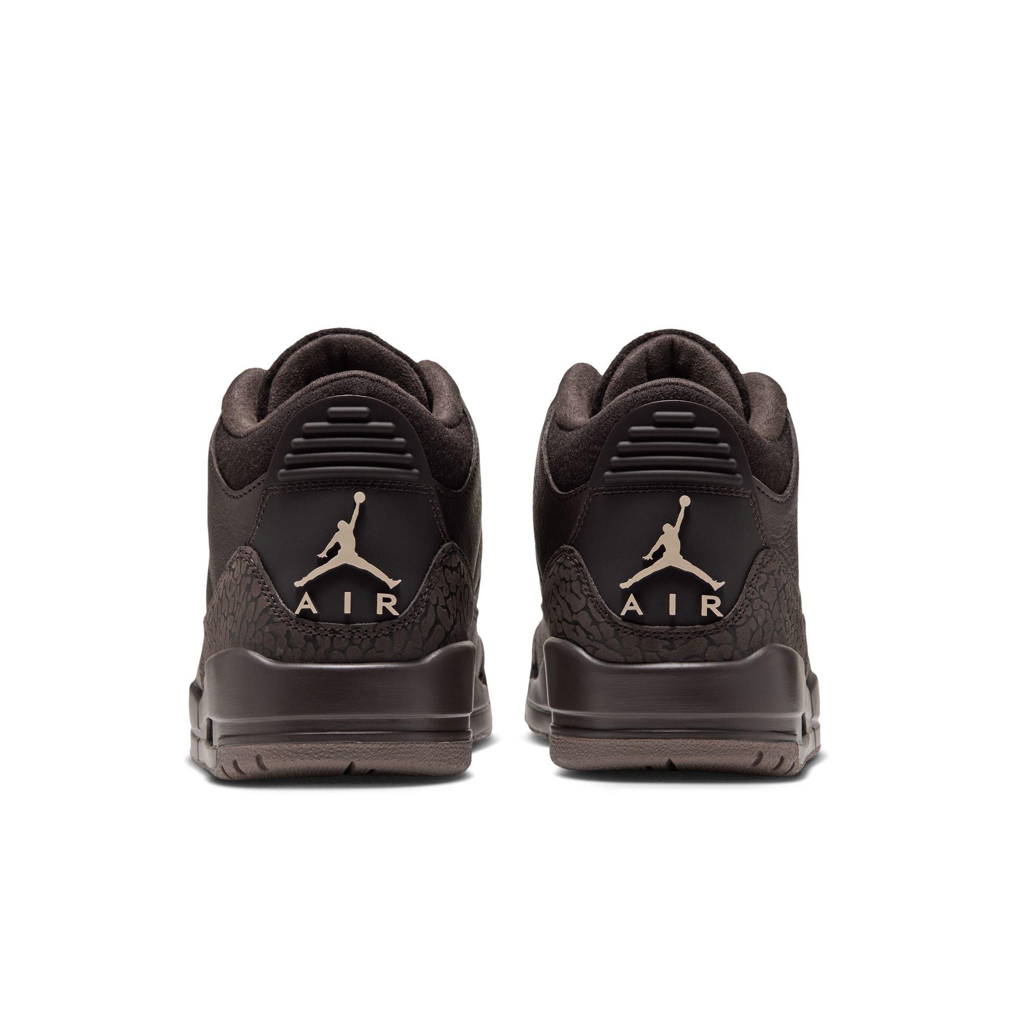 Rear view of brown Air Jordan 3 Retro Fireside sneakers featuring tonal elephant-print overlays and beige Jumpman Air branding.