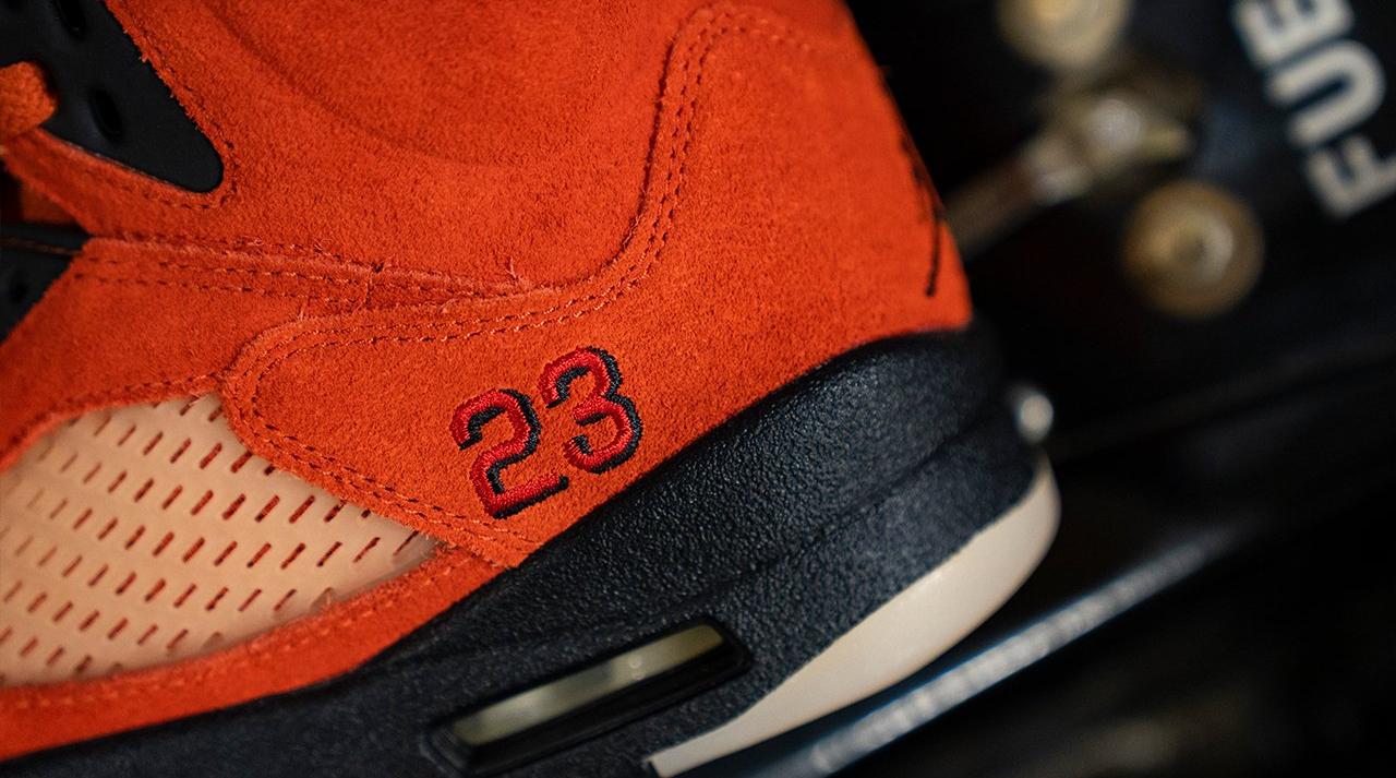 Jordan 5 Retro "Martian Sunrise/Black/Fire Red" Women's Shoe Dropping 1/14 heel side view