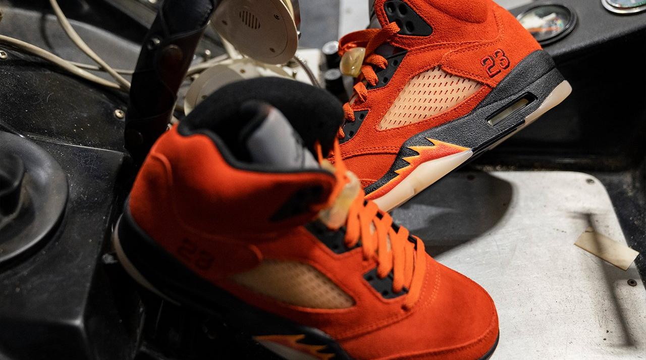 Jordan 5 Retro "Martian Sunrise/Black/Fire Red" Women's Shoe Dropping 1/14 tilted left and right side