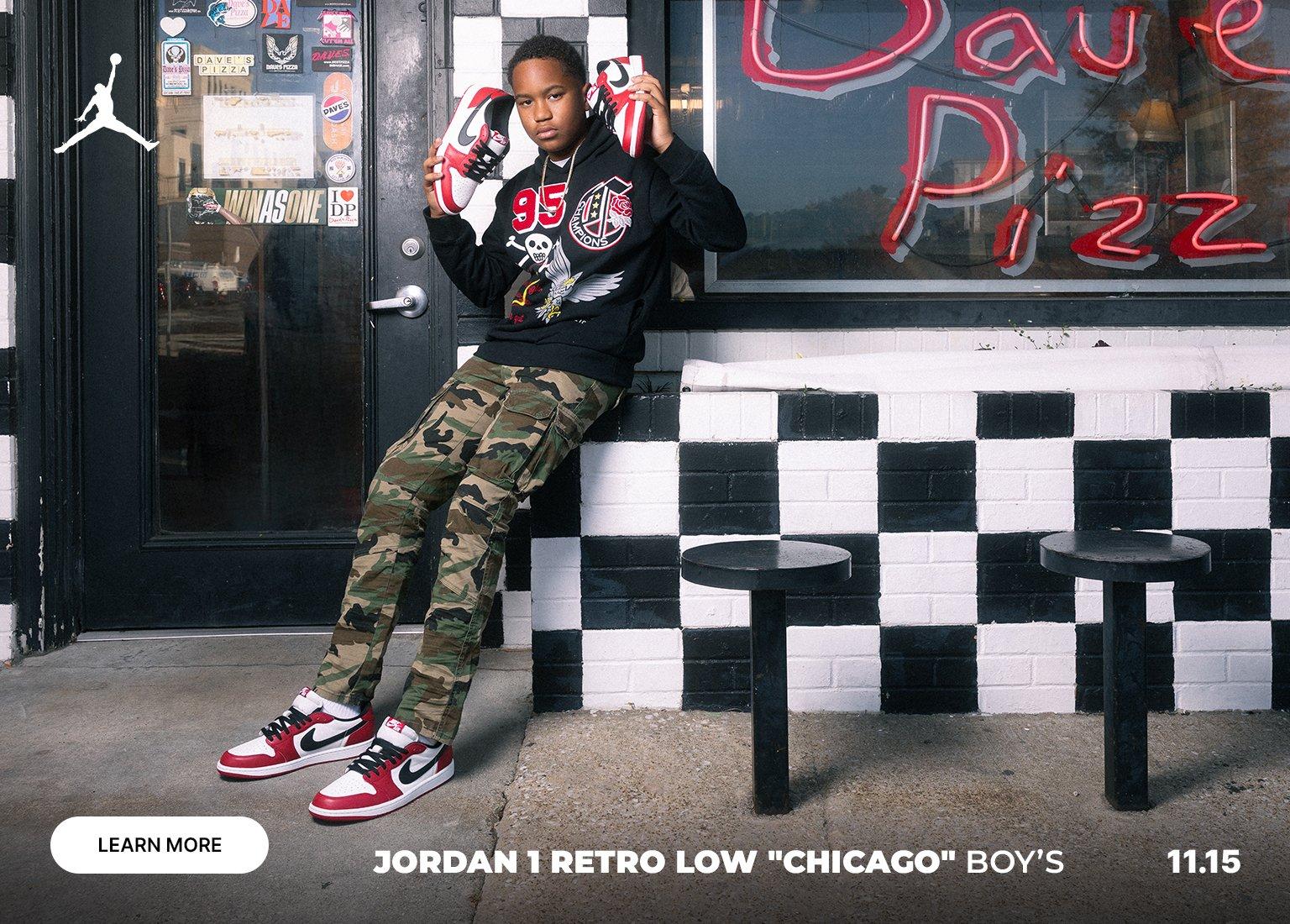 Boy wearing Jordan 1 Retro Low Chicago sneakers, featured in a three-panel image showing the shoes and the boy posing outdoors. Launch 11.15. Learn more.