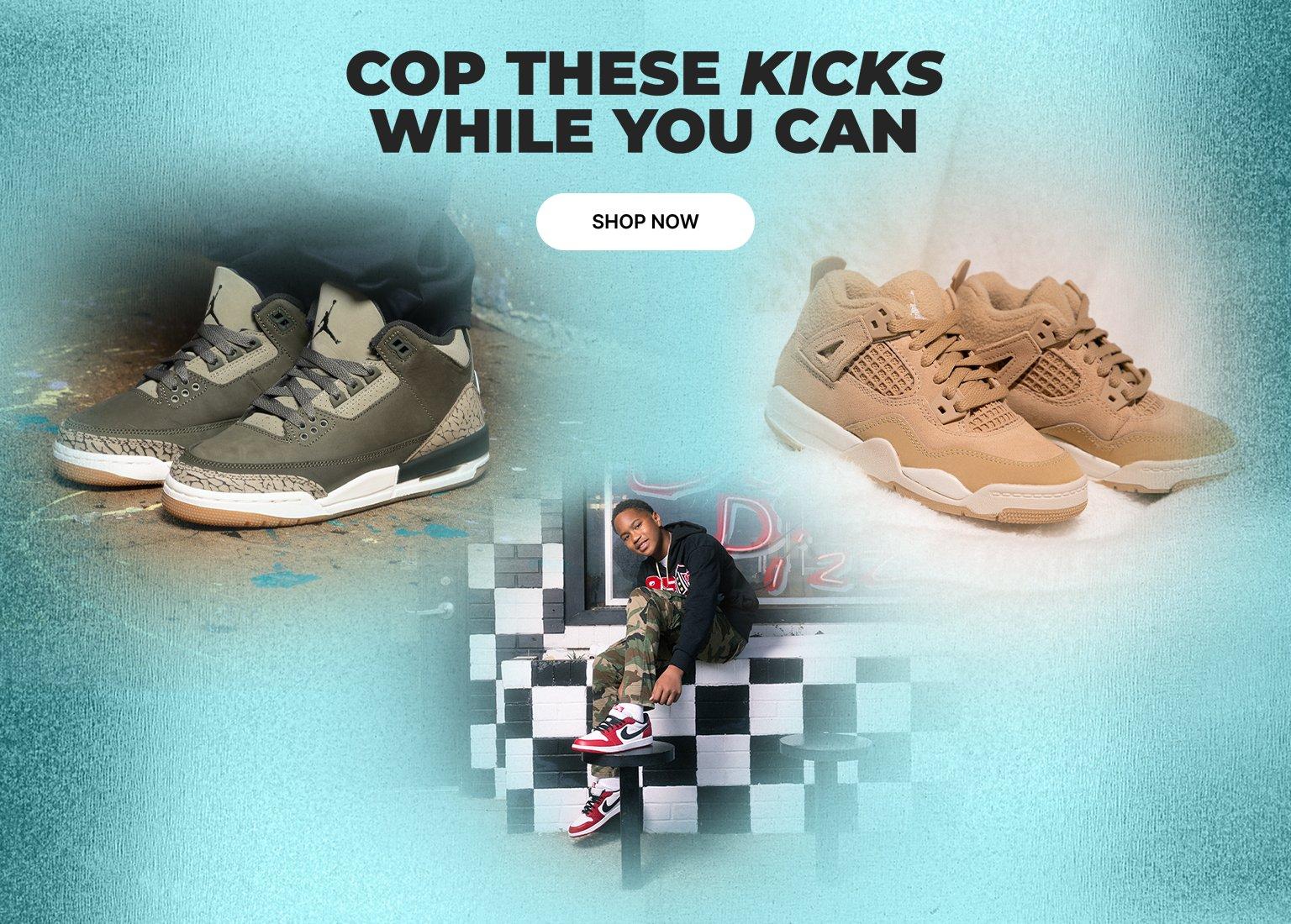 A mobile marketing banner with the headline "COP THESE KICKS WHILE YOU CAN" and a "SHOP NOW" button. The collage features olive green Air Jordan 3s, tan fuzzy Air Jordan 4s, and a young model wearing red and black Jordans while sitting on a checkered ledge.