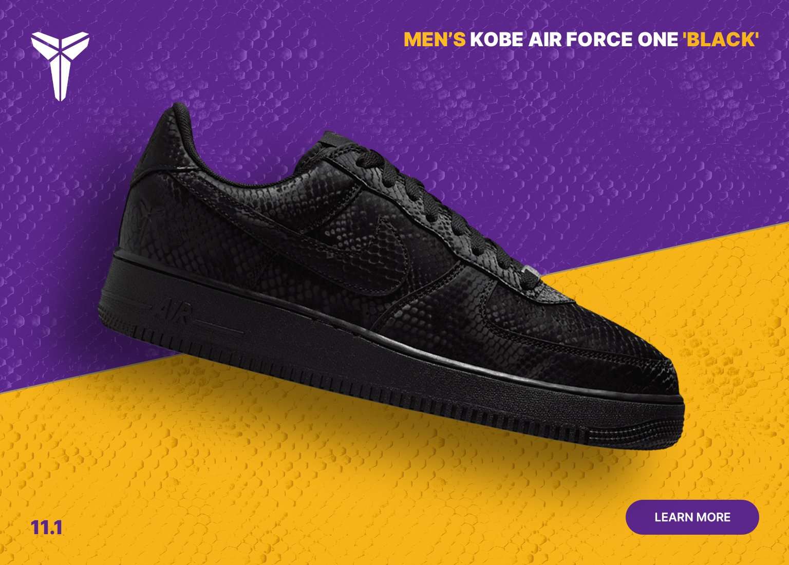 All-black Nike Kobe Air Force One 'Black' sneakers featuring a snakeskin texture, displayed on a purple and gold background.