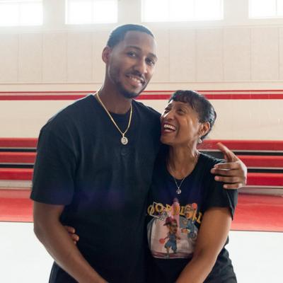 Cincinnati, OH's Mark Dorris with his mom on basketball court