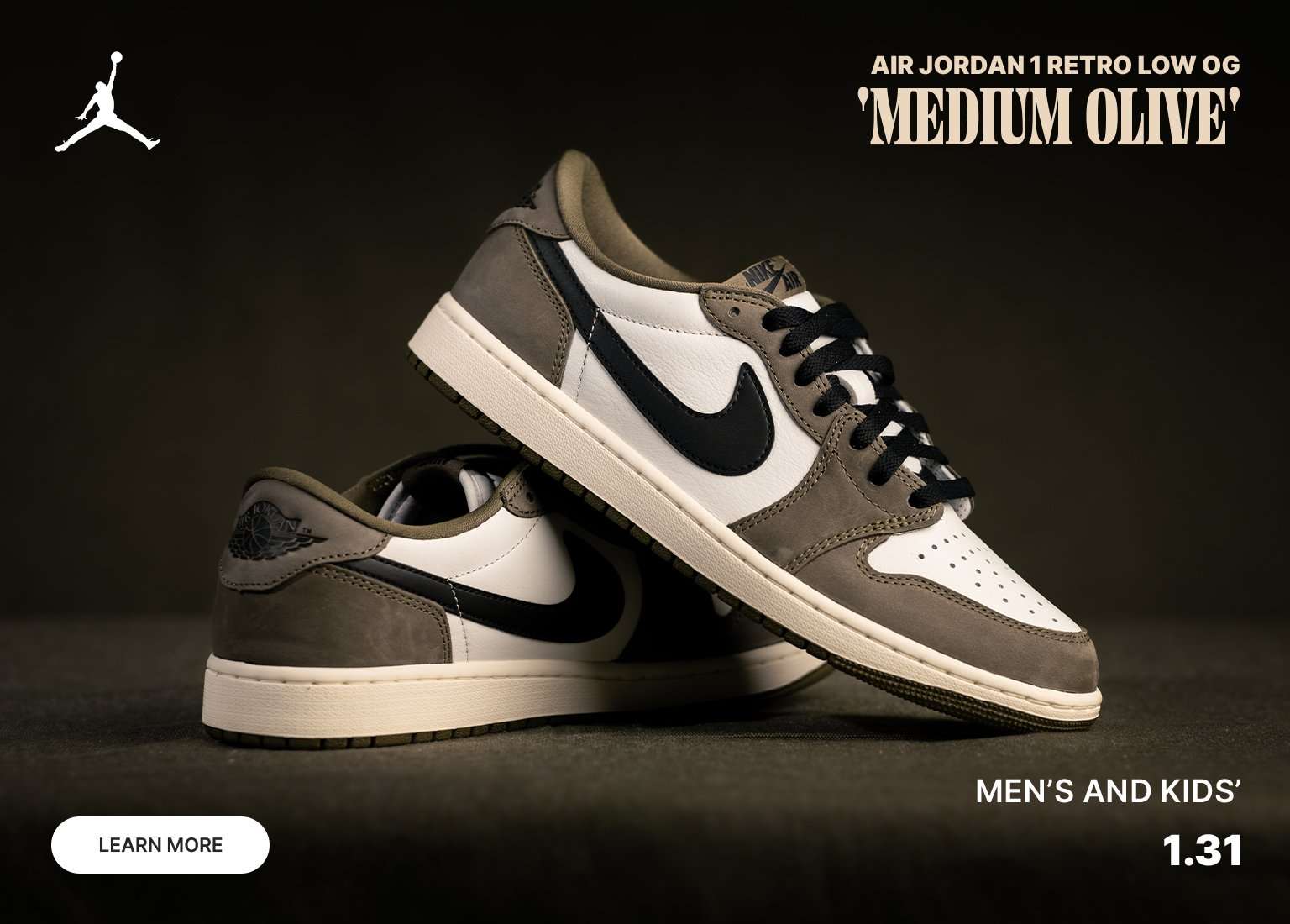 A banner showcasing the Air Jordan 1 Retro Low OG Medium Olive sneakers. The image features three panels: a close-up of the tongue and laces, a center profile shot of two shoes stacked, and a rear view showing the Wings logo. The text Medium Olive and the release date 