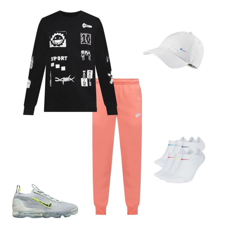 Men's toe to head look - pink nike joggers, lime and grey Vapormax Flyknit sneakers and a black Nike graphic long sleeve tee.