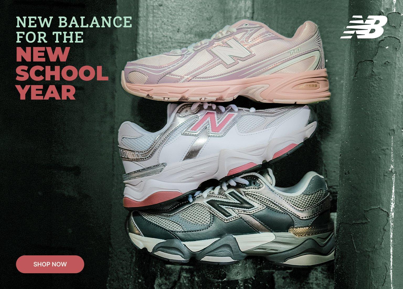 Promotional banner for New Balance back-to-school shoes featuring three stacked New Balance sneakers in pink, white and silver, and black colorways. Graphic text reads “New Balance for the New School Year” with a shop now call to action.