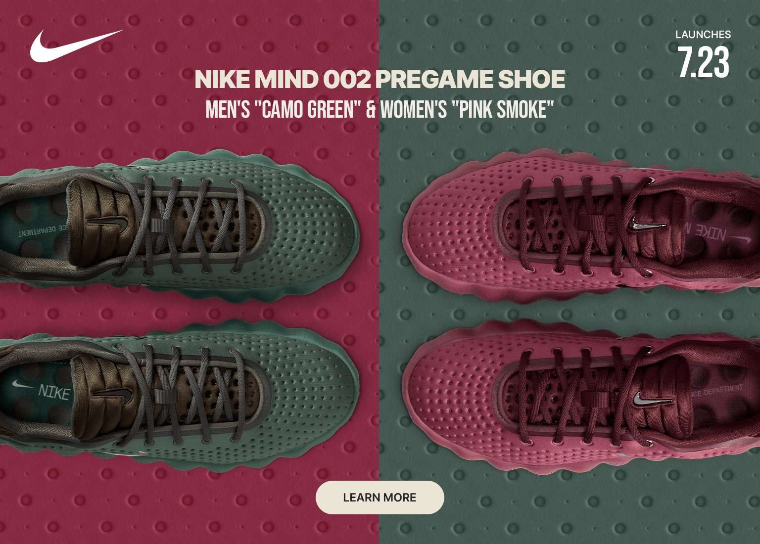 Nike Mind 002 Pregame shoes displayed side by side in two launch colorways. The men's 