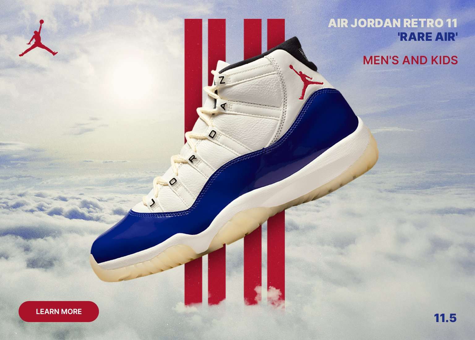 Air Jordan Retro 11 'Rare Air' promotional image. The shoe is white and blue with red accents, floating against a cloudy sky. Available in Men's and Kids sizes, In-Store Only 11.5.