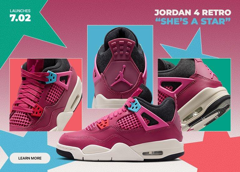 the Jordan 4 Retro She's A Star kids' sneaker in a vibrant pink, black, and light blue colorway, launching July 2nd.