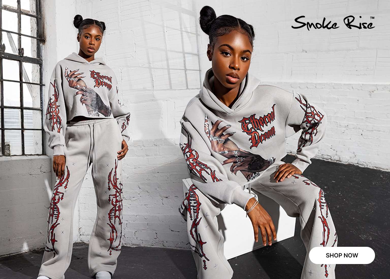 Crop and full shot of a woman in a Smoke Rise grey sweatsuit with red flame and graphic print, standing by a large factory window.